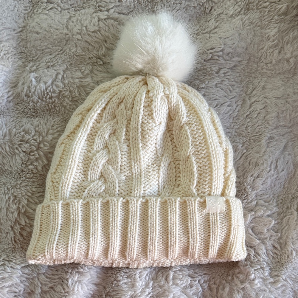 PINK Victoria's Secret Cream Knit Beanie with Pom